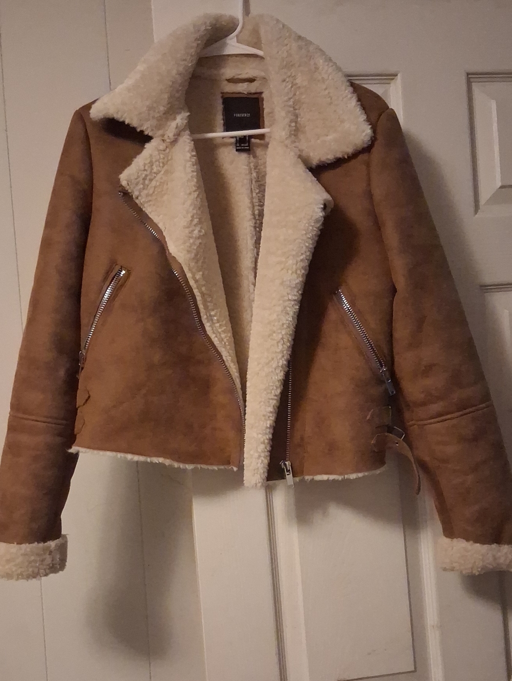 Forever 21 Tan Suede Shearling Moto Jacket with Cream Lining